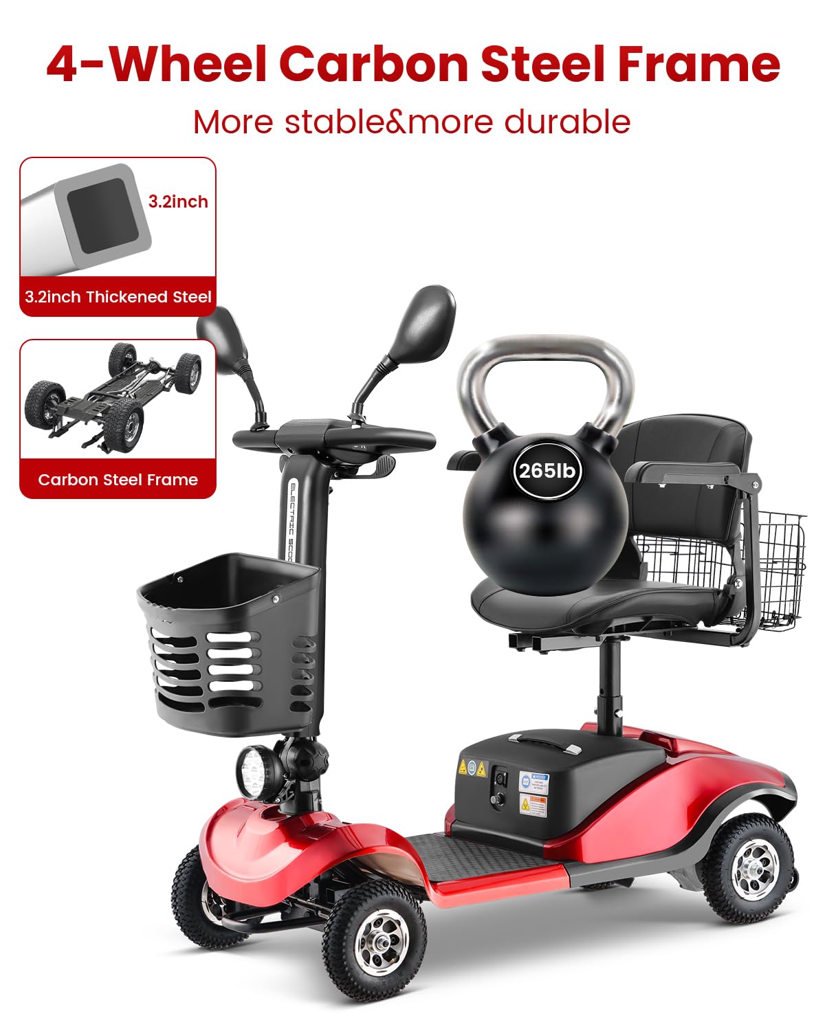 4 Wheel Compact Mobility Scooter for Seniors and Adults,Foldable Electric Scooter, Heavy Duty Travel Model with Lights, Basket, and Long-Lasting Battery208 red