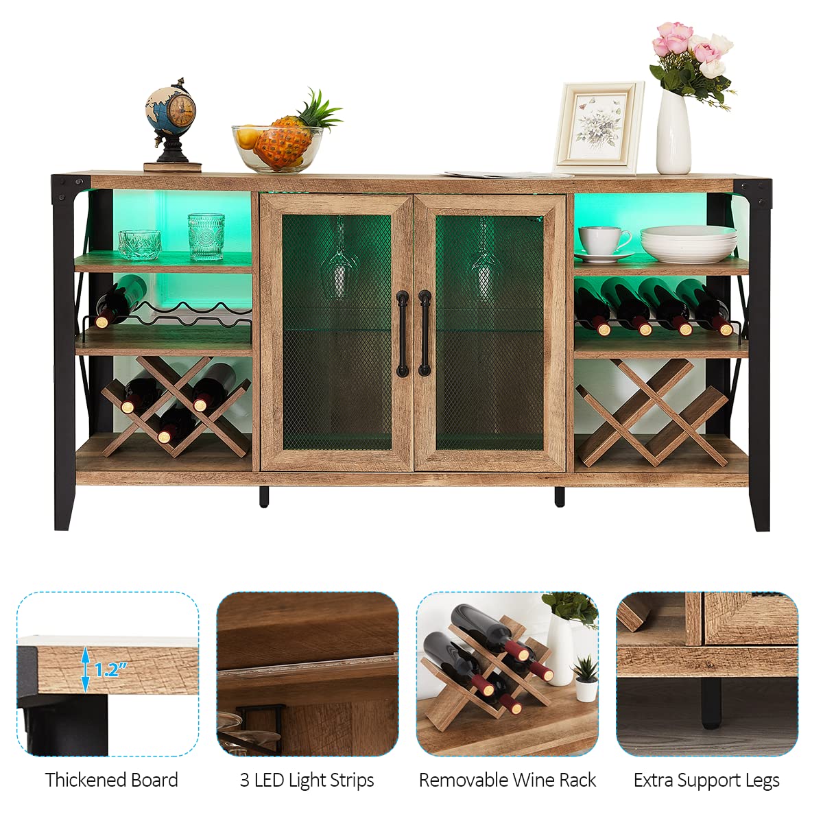 Vabches 58" Wine Cabinet with Wine Rack Storage,Home Bar for Liquor and Glasses, Farmhouse Coffee Bar Cabinet, Liquor Cabinet for Home Living Room Dining Room