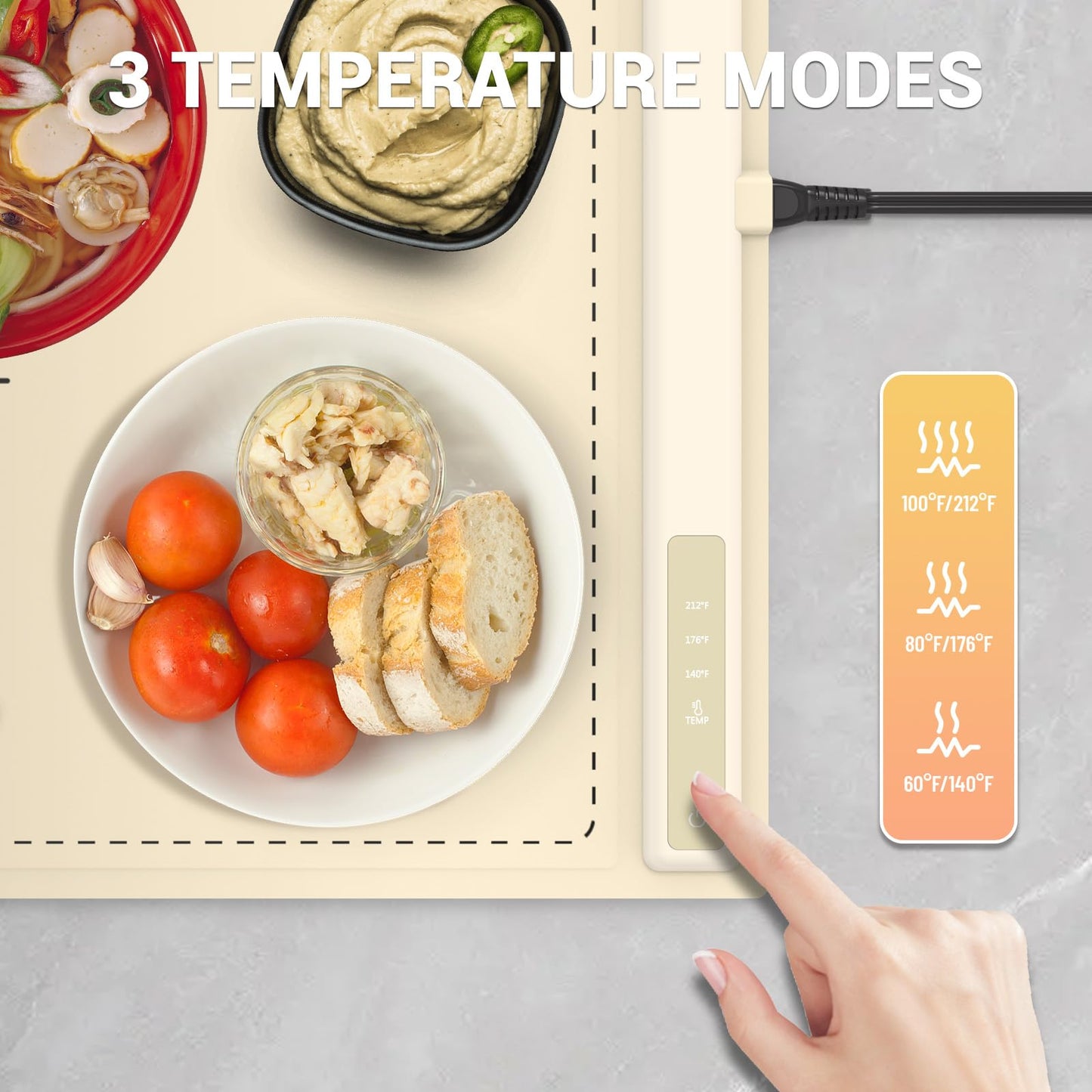 Electric Warming Tray - 3 Modes &Full Surface Heating,Rollable & Portable,Premium Silicone Nano-Material,3 Temperature Settings,Auto Shut-Off -Versatile Food Warmer for Gatherings,Parties (Cream)