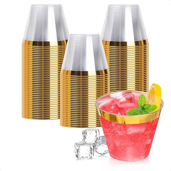 Goodluck 100PCS 9oz Gold Plastic Cups for Party, Disposable Gold Rim Cups, Plastic Cocktail Glasses for Wedding Thanksgivi...