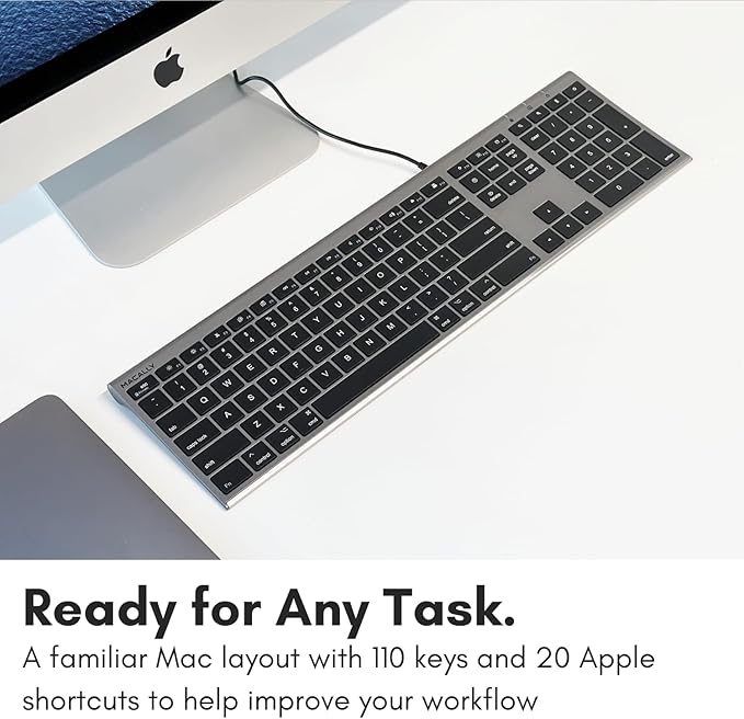 Macally Ultra-Slim USB Wired Computer Keyboard - Works Great as Both a Windows or Wired Mac Keyboard - Compatible Full Size Apple Keyboard with Numeric Keypad for Mac mini, iMac, MacBook - Space Gray