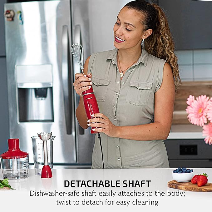 OVENTE Immersion Hand Blender Set, 300W Corded Electric Handheld Stick Mixer, 2 Mixing Speeds with Stainless Steel Blades, Egg Whisk, Beaker & BPA-Free Food Chopper, Red HS565R