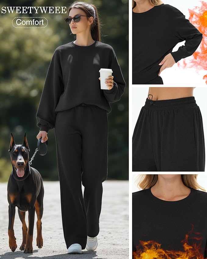 Sweetyweee Women's 2 Piece Outfits Set Fleece Lined Lounge Sweatsuit Crewneck Pullover Top Wide Leg Pants Casual Tracksuit