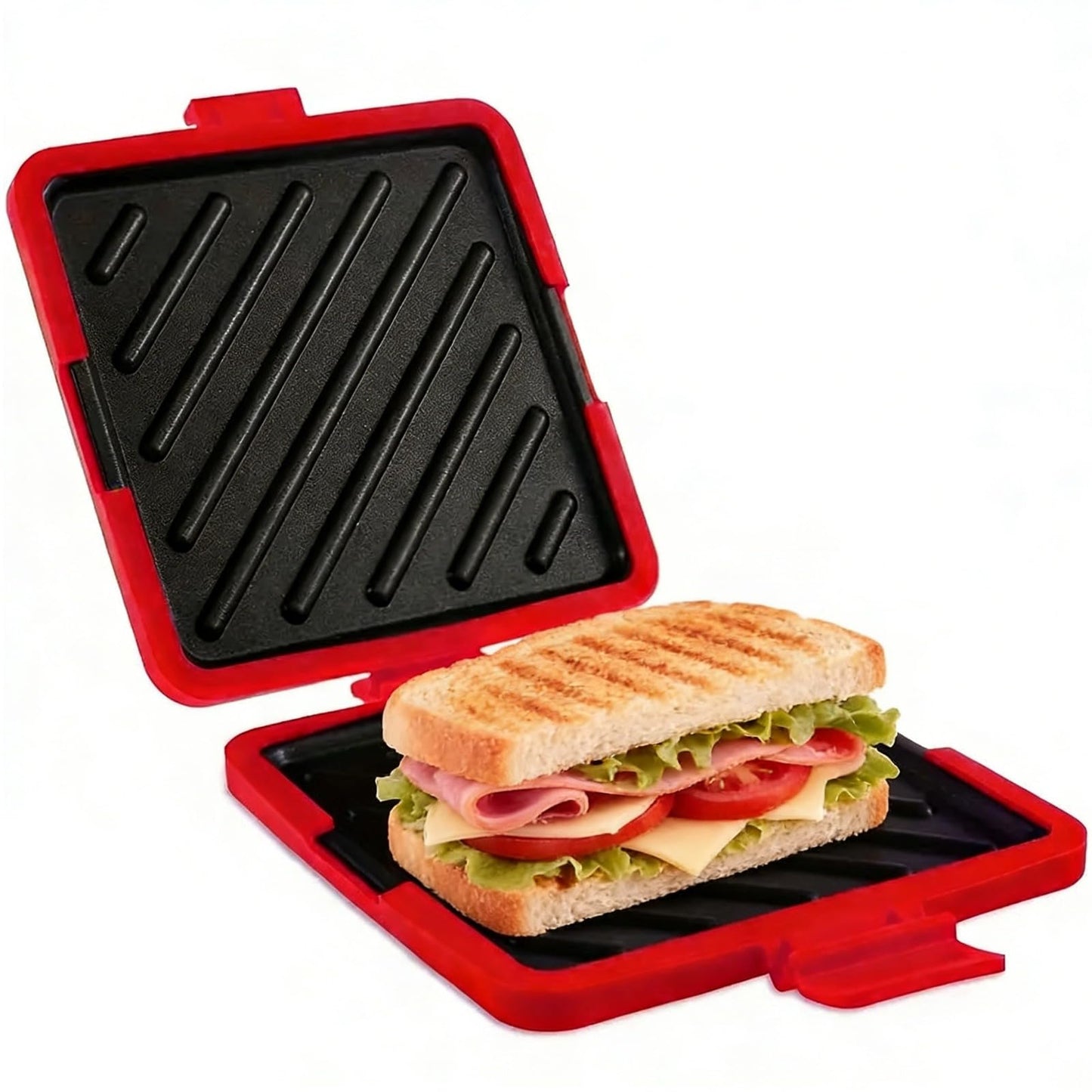 Microwave Toastie Sandwich Maker, Quick Grill Pan with Metal Tray, Non-Stick Silicone, Compact Size 6.6 x 6.3 x 1.2 in, Easy to Clean, No Preheating Required, Red