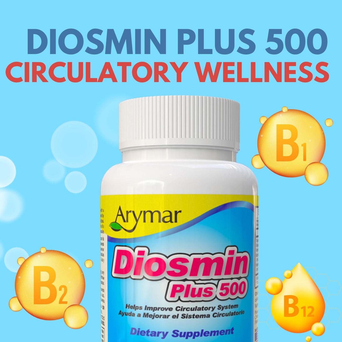 ARYMAR Diosmin Plus 500 mg + 200 mg Hesperidin + B‑Complex – Circulatory Support Supplement for Healthy Veins & Blood Flow, 60  Capsules