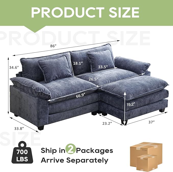 Oprisen 86" Modular Sectional Sofa, Comfy Cloud Couch Sectional Sofa with Ottoman, Chenille Sofa Sleeper Deep Seat Sofa with Throw Pillows for Living Room (Blue, 86"- L Shape)