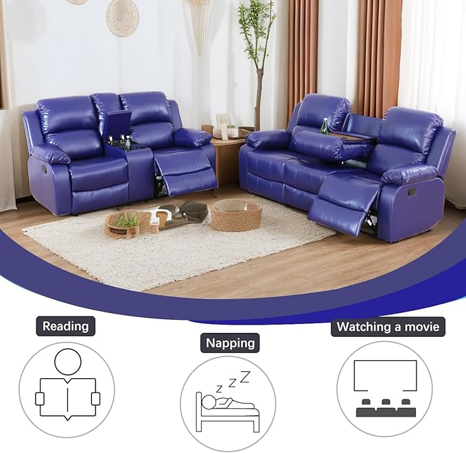A Ainehome Living Room Furniture Set Leather Recliner Sofa Set Loveseat Chair Furniture Sofa Set for Living Room/Small Space/Rv/House/Office/Theater Seating (A-Blue Leather, Sofa+Loveseat)