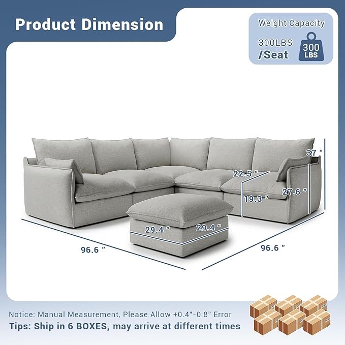 Lopzeho Cloud Modular Sectional Sofa, Waterproof Down Filled Sectional Sofas, High Backrest V Shaped 5 Seater Sectional Couch with Ottoman, Modern Modular Couch with Removable Cover, Light Gray