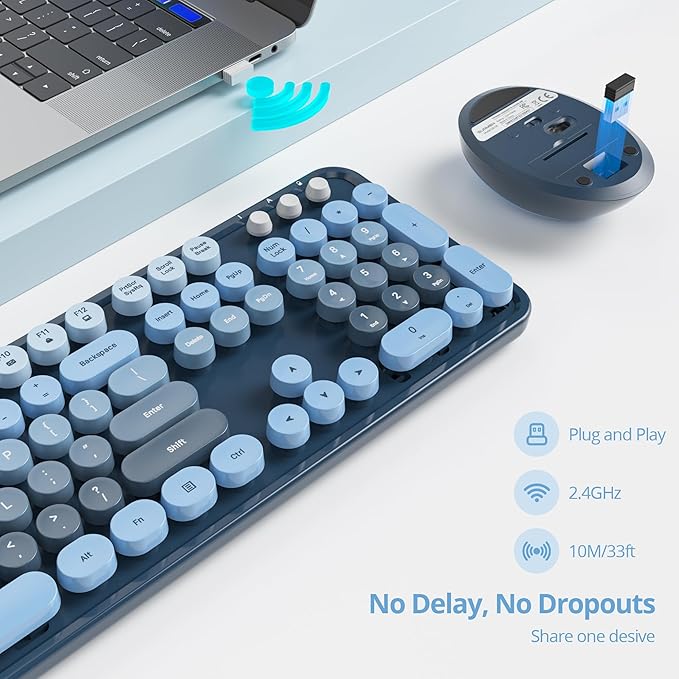 Wireless Keyboard and Mouse Set, Retro Typewriter, 2.4GHz Full Size 104-Key Cute Keyboard with Number Pad, Colorful with Round Keycaps for Windows PC Laptop(Sea Blue)