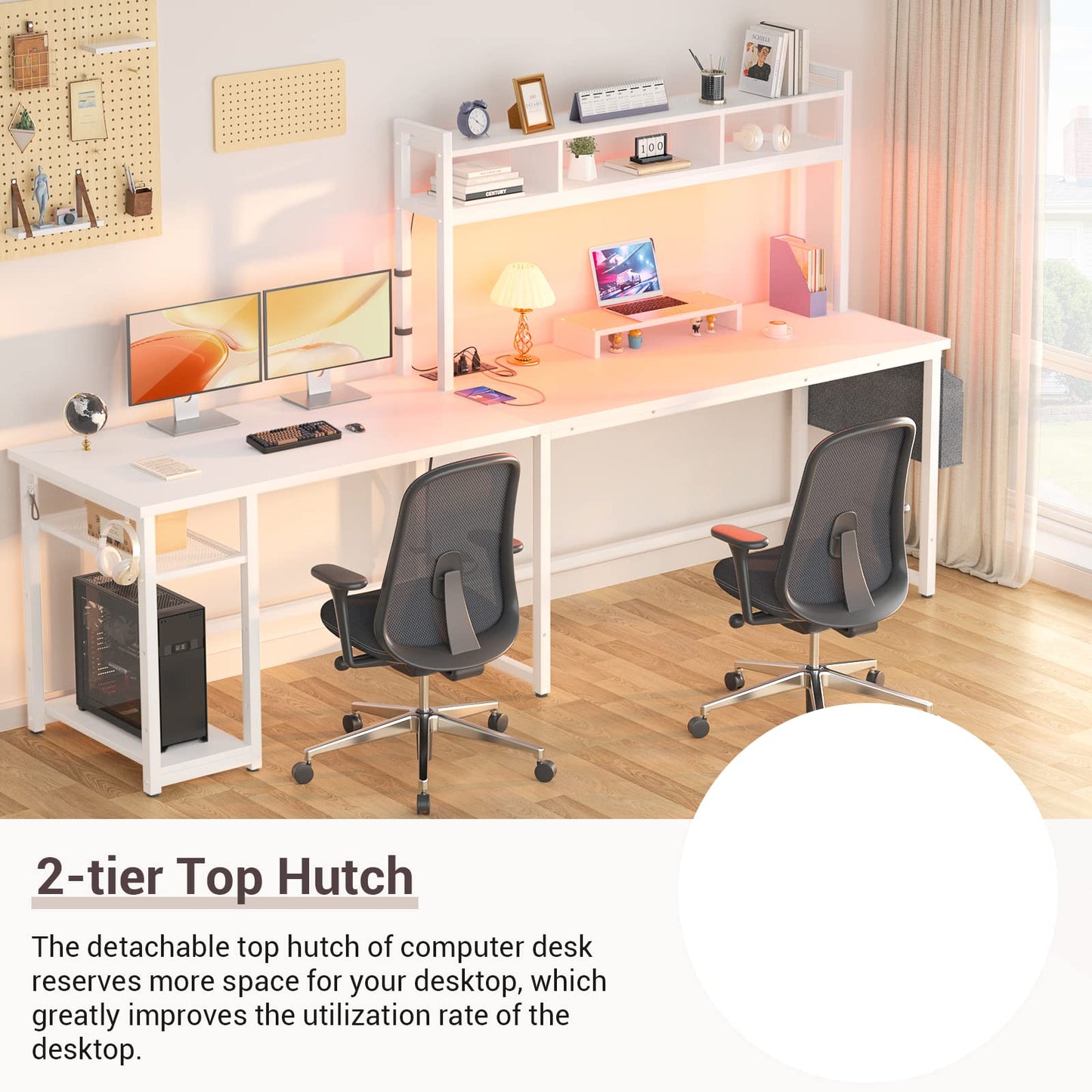 Aheaplus L Shaped Gaming Desk, Reversible 59" and 86" Computer Desk with Power Outlet & LED Strip, Large Gaming Desk with Storage Shelf & Monitor Stand, L Shaped Desk for Home Office, White