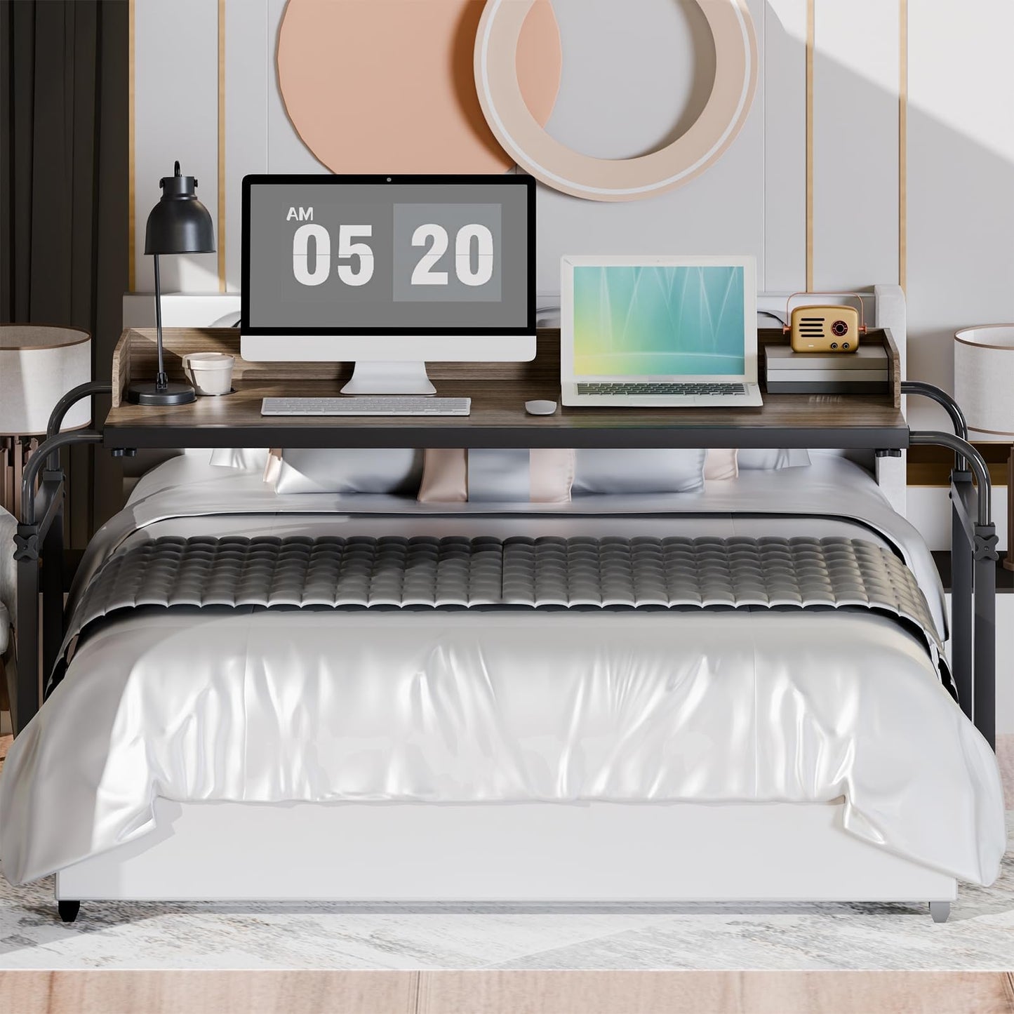 iondelce Overbed Table with Wheels, Length Height Adjustable Bed Desk Recliner Table, Over Bed Table with Baffle and Cup Holder for Home and Hospital, Heavy Duty Metal Frame
