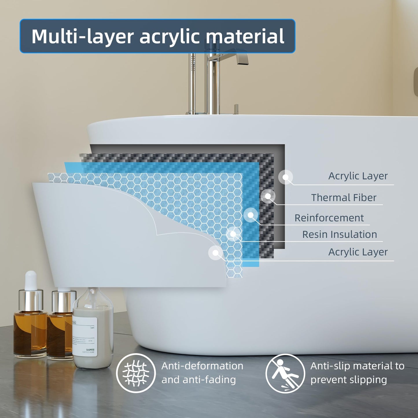 59 Inch Freestanding Bathtub Acrylic Free Standing Tub 59 Inch, Free Standing Tub with Chrome Drain & Overflow, Ergonomic Stand Alone Tub for Small Bathroom or Home Spa