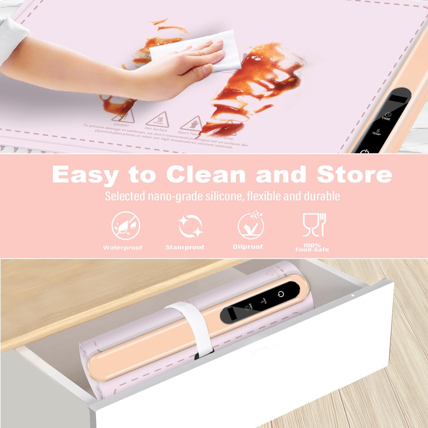 Warming Mat for Food Warmer Heating: Electric Silicone Hot Trays & Warm Buffer Plate 7-Level Temperature Control,Foldable Heat Pad,Keep Dishes Heater,Gift for Kitchen & Party - Rose Quartz