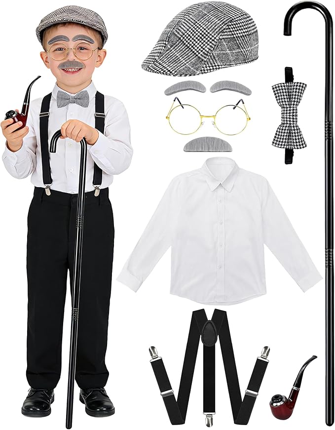 Vivrerizo Old Man Costume for Kids - 8 Pcs 100 Days of School Costume for Boys Grandpa Outfit Dress Up Cosplay