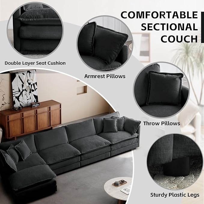 SoarFlash Chenille Sectional Sofa, Comfy L Shaped Modular Coush Sofa with Ottoman, Modern 4 Seat Couch Deep Seat Sofa Set for Living Room,Grey