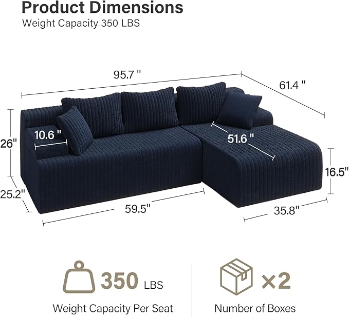 LAUSAINT HOME 96" Modular Sectional Sofa Couches, L-Shaped Boneless Cloud Sofa with 3 Deep Seat, 5 Cushiones Oversized Chaise for Living Room, Bedroom, Plush Corduroy Fabric (Right, Navy Blue)