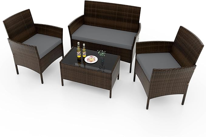 RELAX4LIFE 4-Piece Patio Furniture Set - Rattan Outdoor Conversation Bistro Set w/Cushions, Glass Coffee Table, Wicker Chairs & Loveseat for Garden Backyard Porch, Balcony Furniture Set (1, Grey)