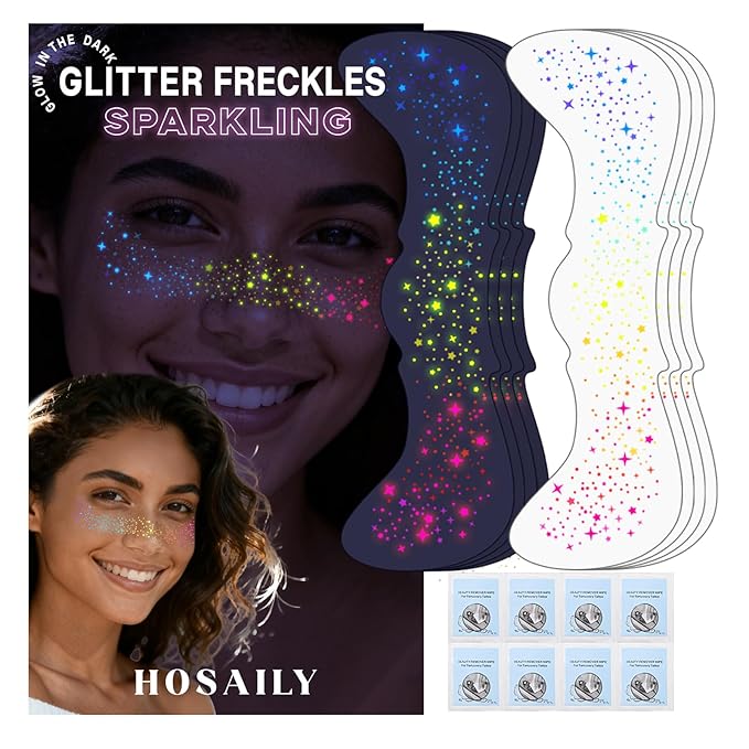HOSAILY 8pcs Rainbow Face Glitter Freckles Temporary Tattoos, Glow Under UV Light in The Dark Neon Blacklight Multichrome ...