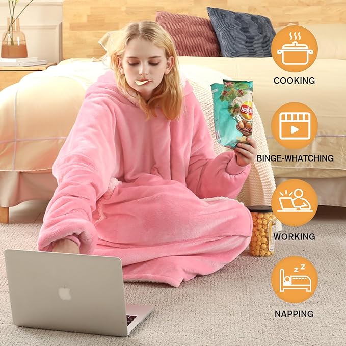 yescool Wearable Blanket Hoodie, Flannel Sherpa Fleece Blanket Sweatshirt for Adults Women Men,One Size Fits All