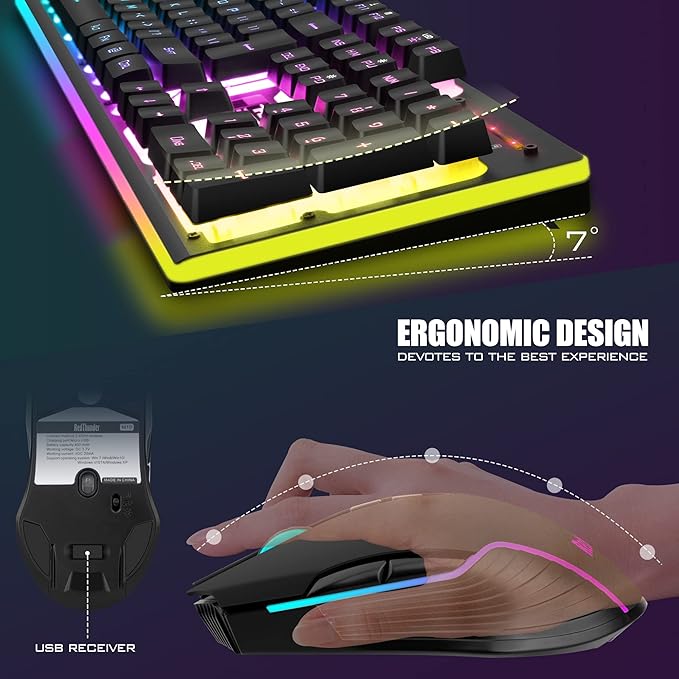 RedThunder K10 Wireless Gaming Keyboard and Mouse Combo, RGB Backlight Rechargeable 3800mAh Battery, 26-Key Anti-ghosting Keyboard + 7D 3200DPI Mice for PC Gamer
