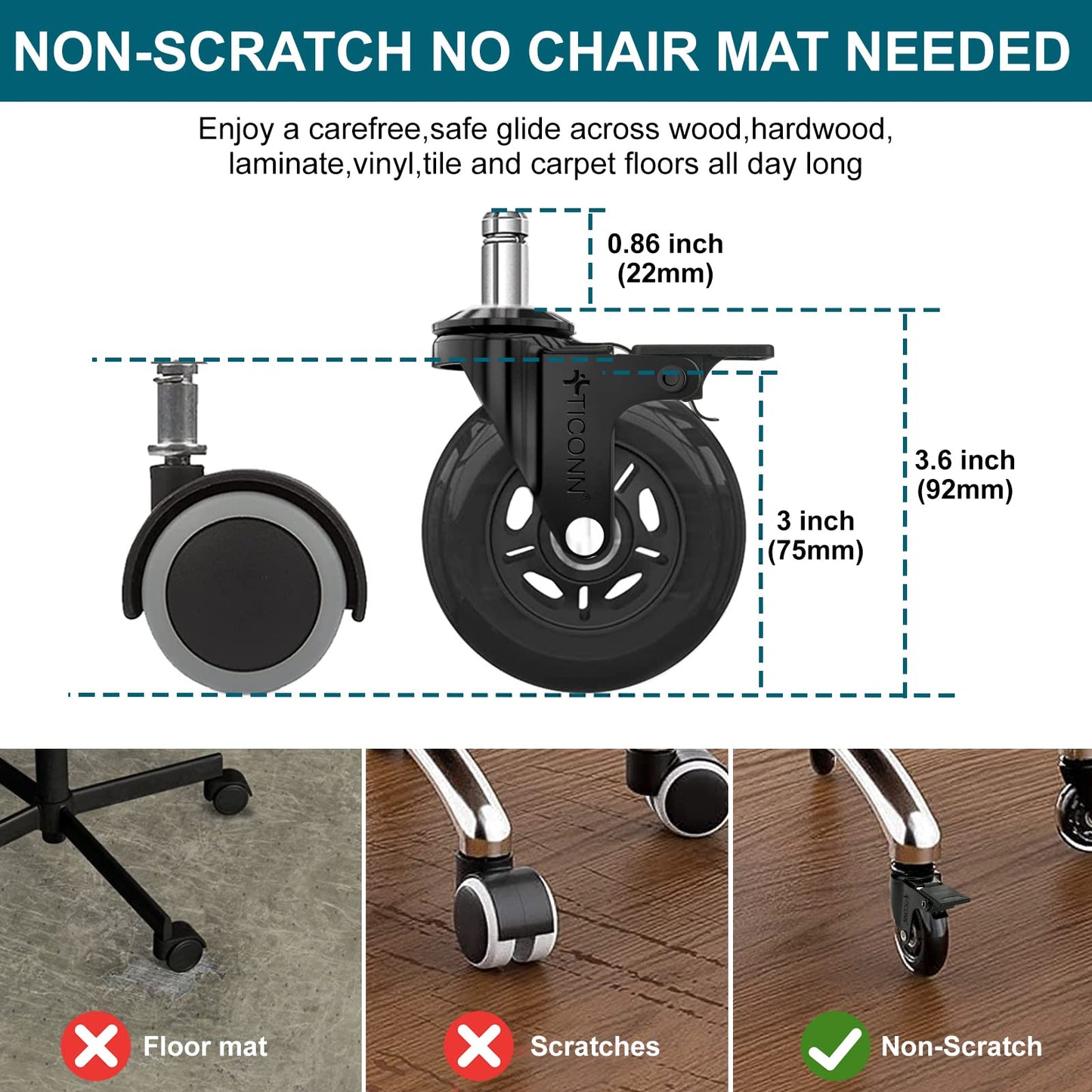 TICONN Office Chair Caster Wheels Set of 5 for Tile, Hardwood Floors and Carpets, Universal Fit for Most Chairs (Black with Brake)