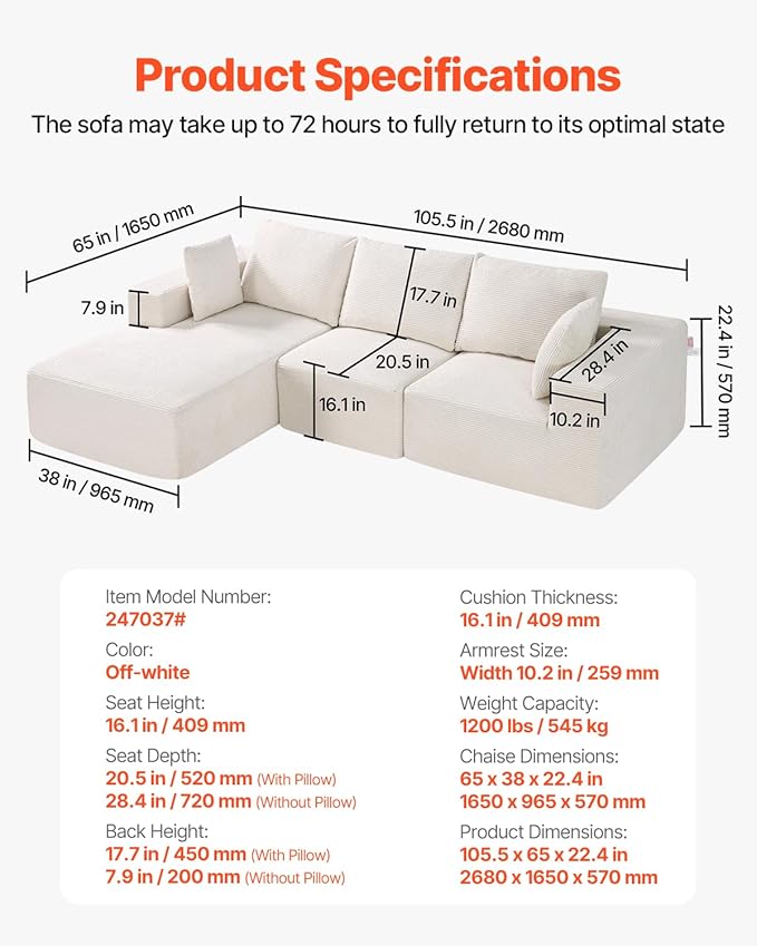 VEVOR Modular Sectional Sofa, Sectional Couch for Living Room, L Shaped Sofa with High Rebound Sponge, Cloud Couch with Cushion for Living Room, Apartment, Beige