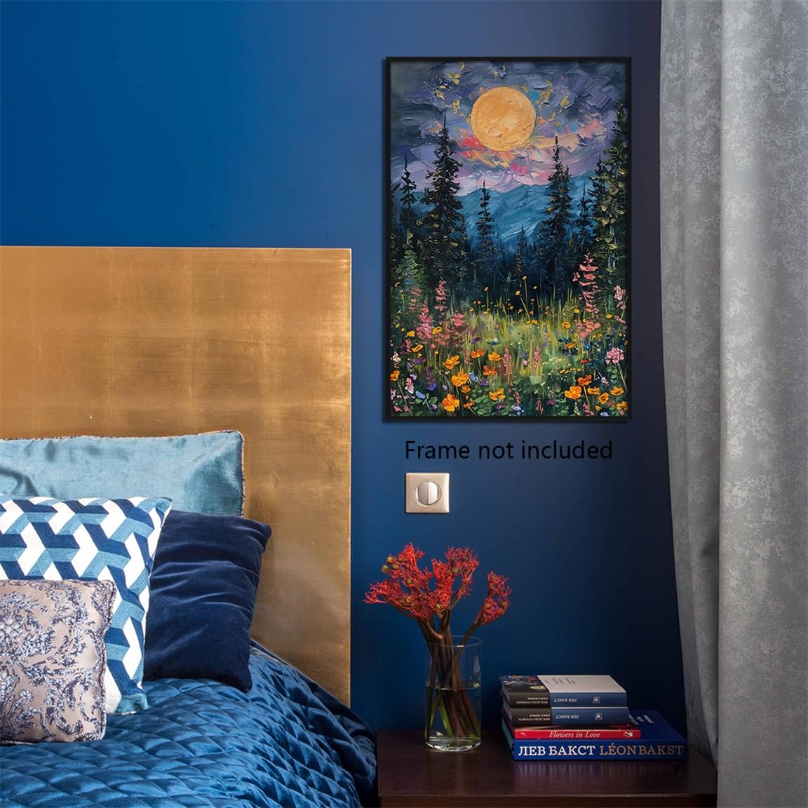 Yuaruo Vintage Full Moon Above The Wildflowers Nature Posters, Mystical Midnight Woodland Canvas Wall Art Print, Retro Flowers and Trees Oil Painting, Dark Forest Landscape 12x16in Unframed