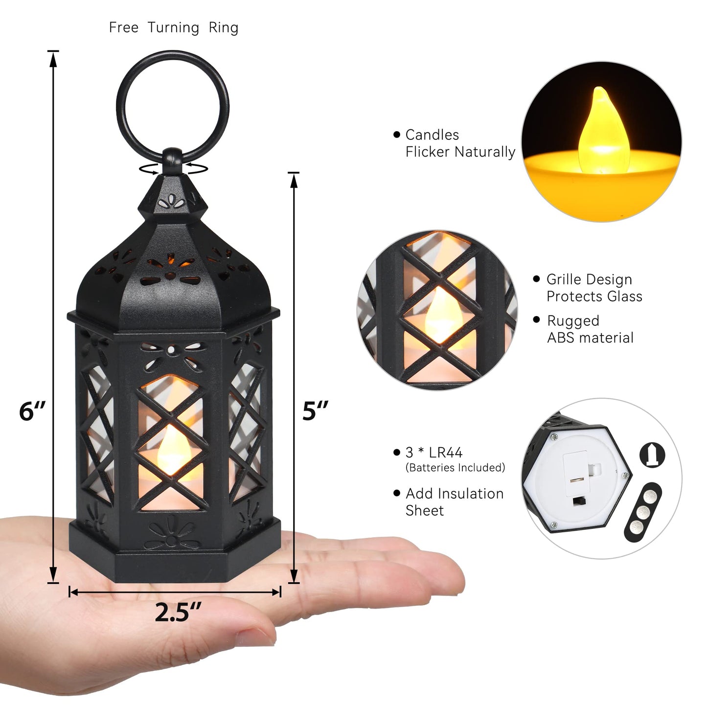 LLQ 12Pcs Mini Lantern with LED Candle, Small Black Lanterns Decorative for Halloween Decorations, Christmas Table Centerpiece, Flickering Candle Holders for Diwali Wedding Medieval Decor, Ornaments