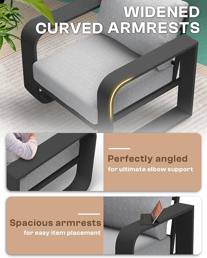 Aluminum Outdoor Patio Furniture Set, 4 Piece Oversized Patio Conversation Sets Widened Armrest & Ultra-Thick Cushions, Heavy Duty Modern Sectional Furniture for Backyard, Deck, Gray