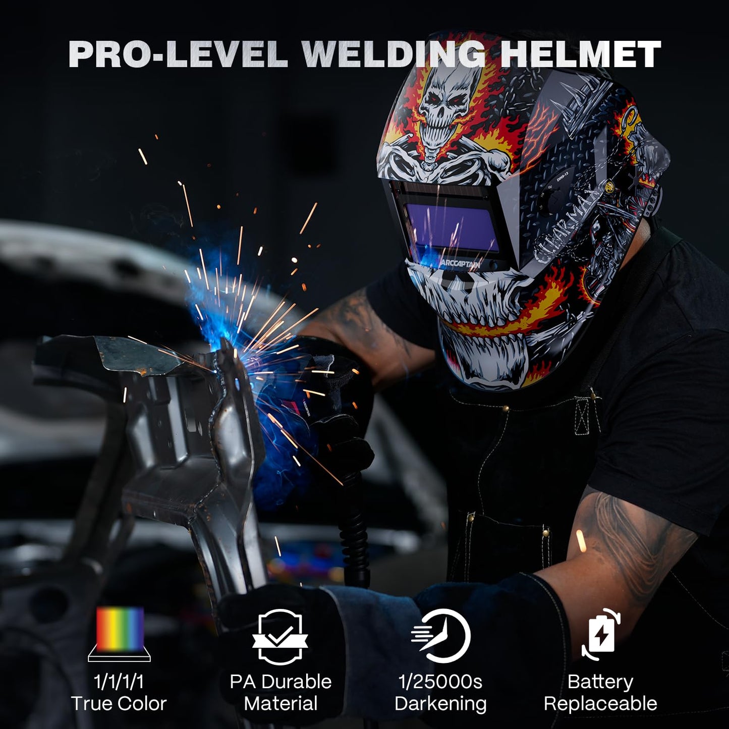 ARCCAPTAIN Welding Helmet Auto Darkening, 1/1/1/1 True Color Welding Hood, 4 Arc Sensor 1/25000s Response Time Solar Powered Weld Hood Helmet HSH-S800 Skeleton Knight
