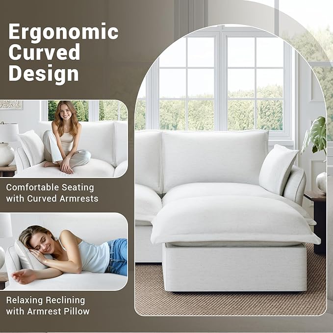 Lopzeho 146” Oversized Cloud Modular Sectional Sofa, Comfy Down Filled Cloud Couch with Removable Cover, 4 Seater Modular Couch with 2 Ottomans, U Shaped Sectional Couches for Living Room, Cream White