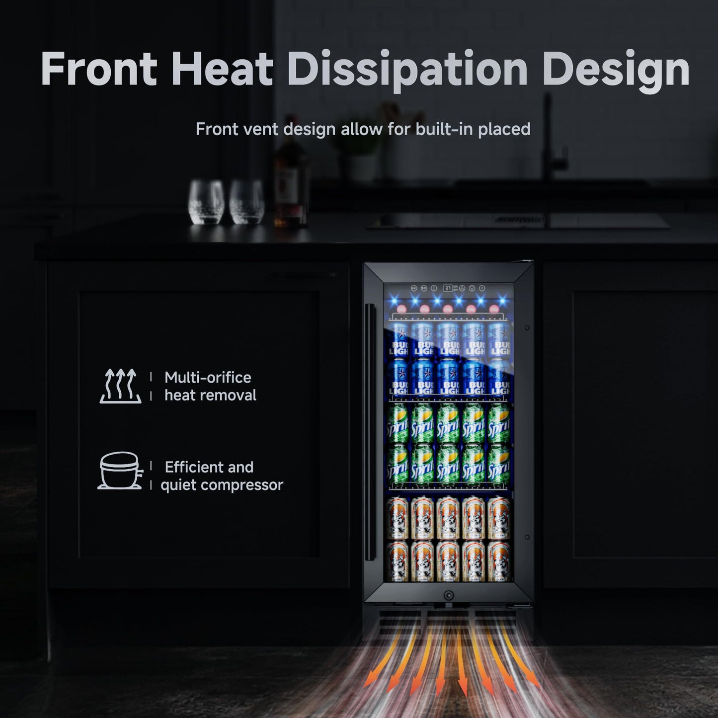 ICEVIVAL 15 Inch Beverage Fridge, 132-Can Capacity Under Counter Refrigerator with Blue LED Display, Beverage Refrigerator with Glass Door & Adjustable Shelves for Home, Bar, Office (Black)