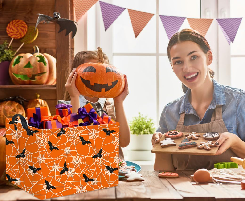 HIYAGON Rectangular Halloween Basket for Boys and Girls Kids Trick or Treat Pumpkin Basket for Halloween Parties Cute Storage Bin Organizer Box Room Decor(Bat spider web)