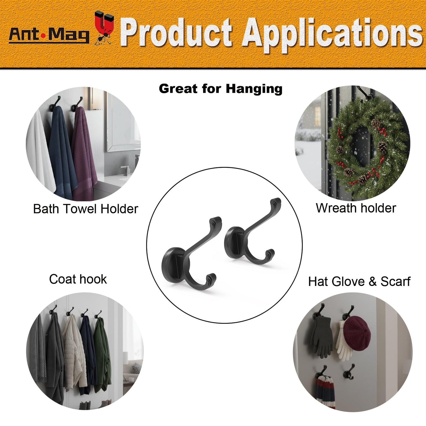 Ant Mag Magnetic Hooks Heavy Duty 140lbs Neodymium Magnet Wall Hooks for Hanging Coats Robes Backpacks Bags Hats Keys Mugs Cups Towels