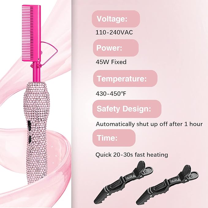 Deluxe Electric Hair Straightener and Curling Comb for Natural Hair and Wigs, 450°F Heat Pressing Comb with Anti-Scald Case (Pink)