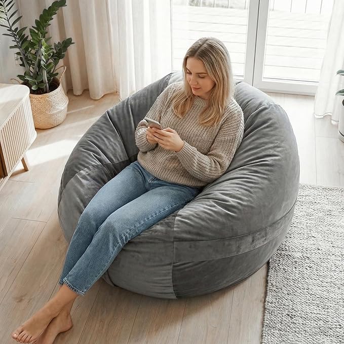 YuppieLife Large Foam Filled Bean Bag Chairs for Kids Teenagers Adults Living Room Gaming Relaxing 4F Machine Washable Lazy Sofa（Silver Grey