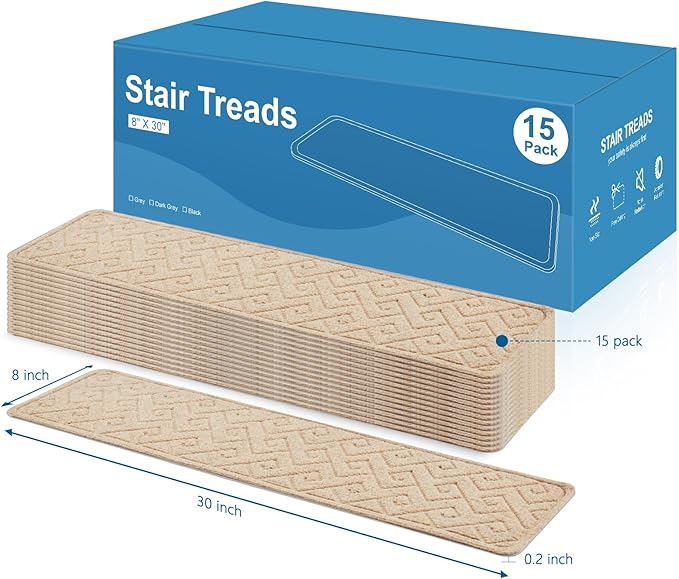 Stair Treads for Wooden Steps, 8" X 30" Non Slip Stair Runner Carpet Indoor with Reusable Adhesive Backing, Soft Tread Mat for Stairs, Ideal for Home Kid Dog, Polyester TPR Backing Stair Rugs-4 Pack