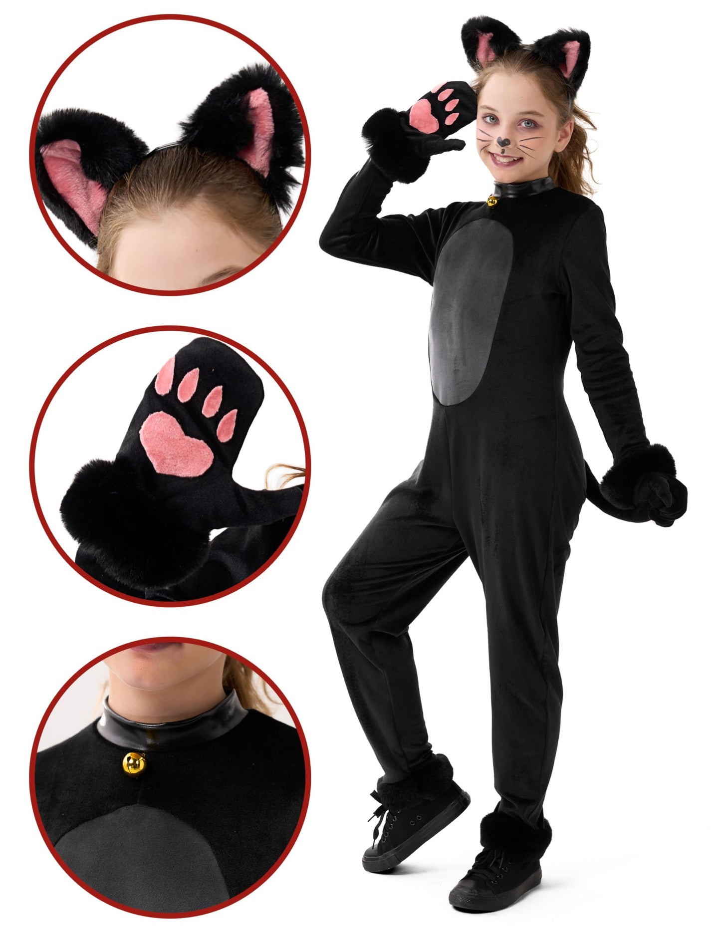 Spooktacular Creations Girls Cat Costume, Black Cat Plush Costume, Child Outfit Set with Tail Headband Gloves for Kids Halloween Role Play Themed Parties, M
