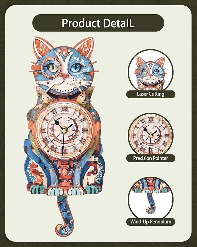 3D Wooden Puzzles for Adults, Detective Cat Clock with Pendulum Model Kit, 3D Puzzles for Adults Room Home Decor DIY Wall Clock Kit, Holiday Birthday Christmas Day Gifts for Men Women Teens