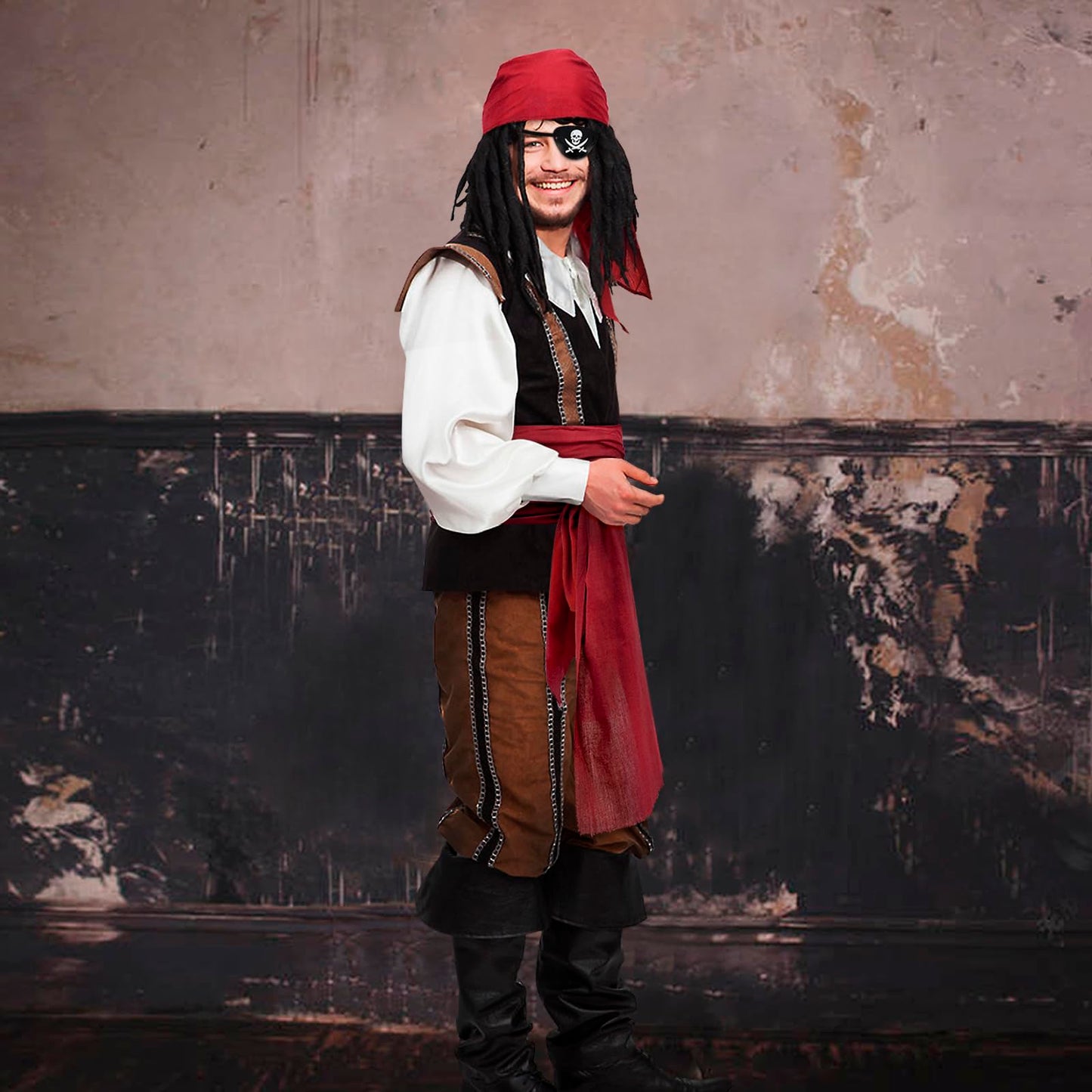 Pirate Halloween Costume, 3 Pcs Set with Head Scarf, Bandana Belt Waist Sash, Eye Patch for Halloween Costumes Cosplay (Red)