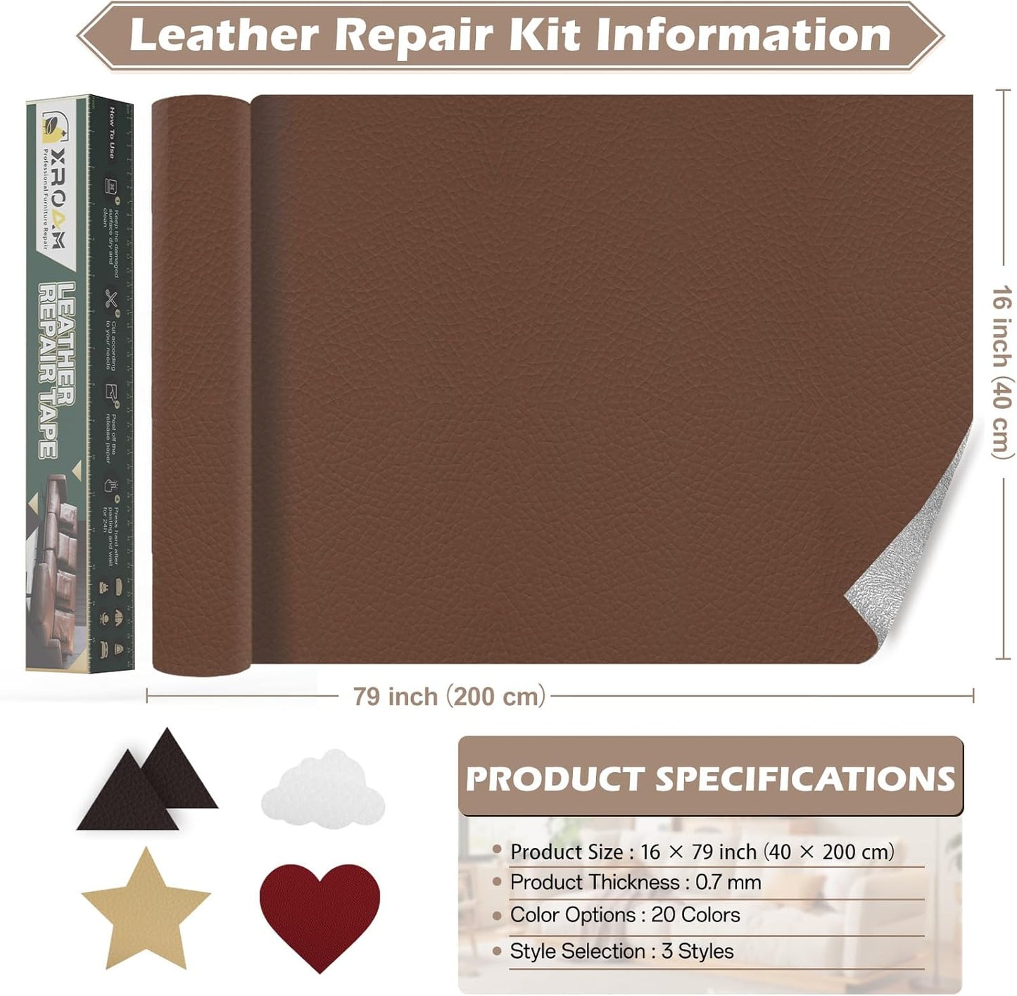 Leather Repair Tape, 16x79 inch Leather Patches for Furniture, Self Adhesive Leather Repair Patch for Sofas, Couches, Leather Covers, Seats, Chairs, Vinyl Repair Tape Retro Dark Beige