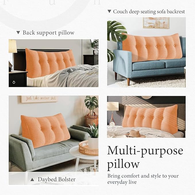 Wedge Headboard Pillow Dorm Room Reading Pillow Back Support for Sitting Up in Bed Bolster Lumbar Cushion Body Positioning Bedrest Corduroy (Peachy, King (76 * 8 * 20in))