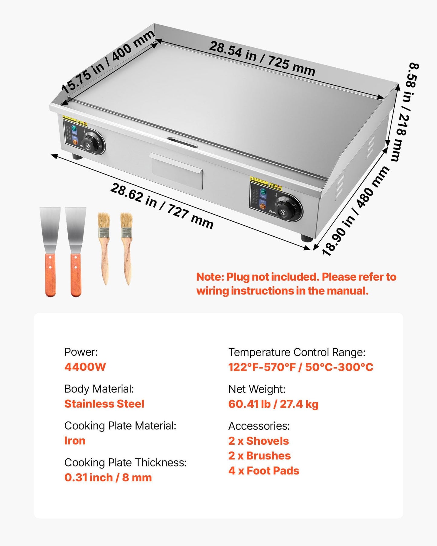 VEVOR Commercial Electric Griddle, 28.54 x 15.75 in, 4400W, 122-570°F Adjustable Temp Control, Stainless Steel Countertop Full Flat Top Grill with 2 Spatulas and 2 Brushes, for Steak, Pancake, Squid