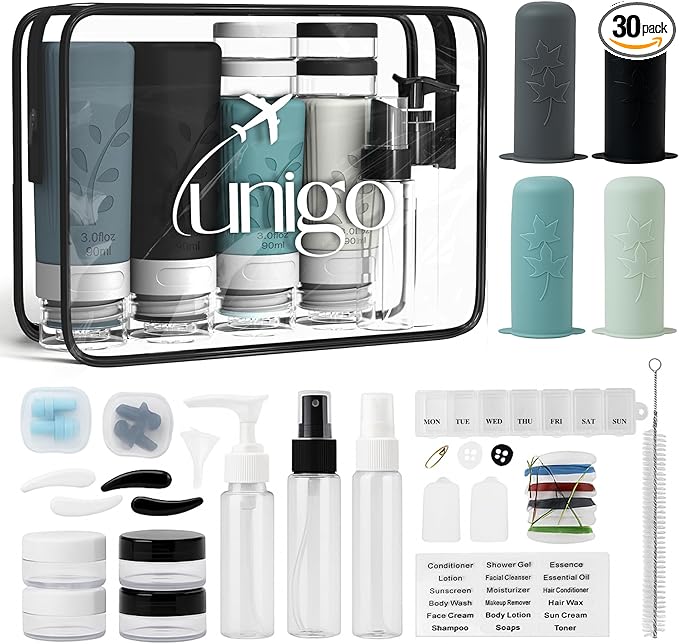 unigo 30pack Full Set TSA Approved Travel Bottles for toiletries, Travel Size Containers for Toiletries, Refillable Leakpr...