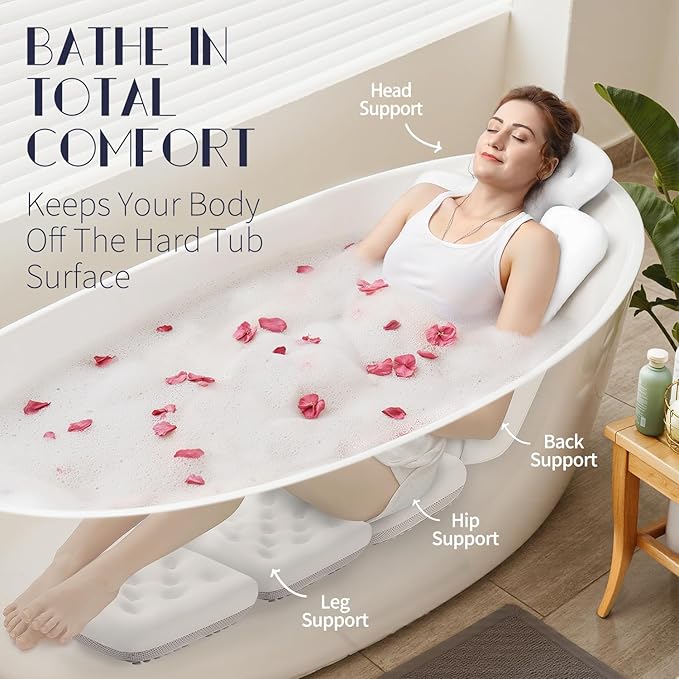 Full Body Bath Pillow for Bathtub, Thick Bathtub Cushion with Laundry Bag, Luxury Tub Pillow for Bath for Headrest Neck and Back Support White 60" x 16"