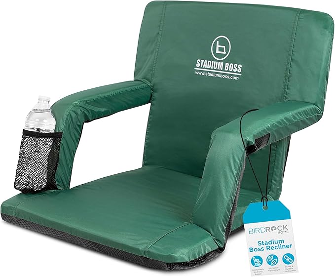 Stadium Boss Recliner Stadium Seat for Bleachers, Benches, Lawns, Backyard, Camping & Beach – Padded Sport Chair, Cushion Backs & Armrest – 6 Reclining Positions – Portable Carry Straps – Dark Green