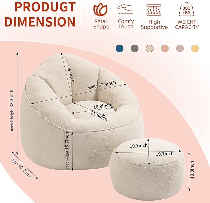 Bean Bag Chairs, Gaint Bean Bag Couch with Memory Foam for Adults and Kids, Microfiber Upholstered Sofa with Ottoman, Comfy Lazy Bean Bag Reading Chair for Living Room