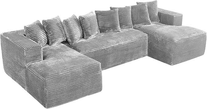 Modular Sectional Sofa, 130" U Shaped Cloud Couch Plush Corduroy Deep Seat Boneless Sofas with 8 Pillows Double Chaise Lounge Sectional Couches with Memory Foam for Living Room - Light Grey