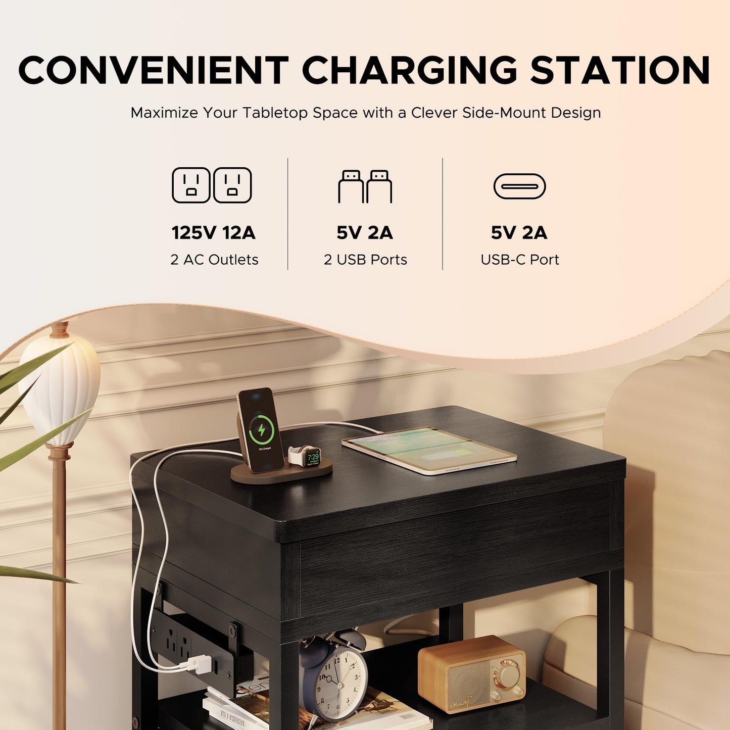 Lazzanto Nightstand Hidden Drawer Charging Table - Night Stand with Charger Station and Sliding Top Storage, Morden Bedside Table with 2 Fabric Drawers, for Dorm Living Room Bedroom, Black