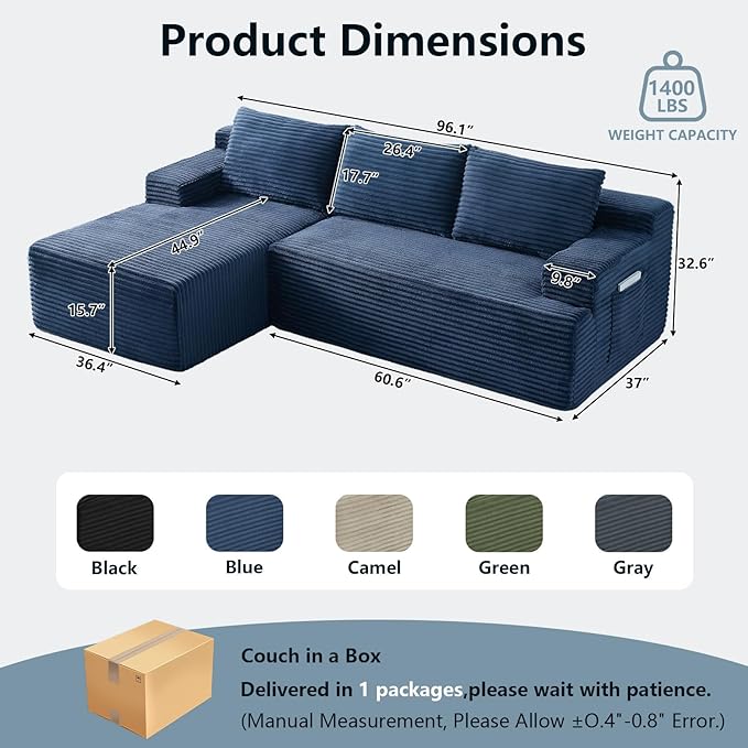 96" Cloud Sectional Couch with L-Shape Chaise, Modern Corduroy Boneless Couch for Living Room,Memory Foam Sofa with Deep Seat,No Assembly Required (Blue,Left-Facing Chaise)